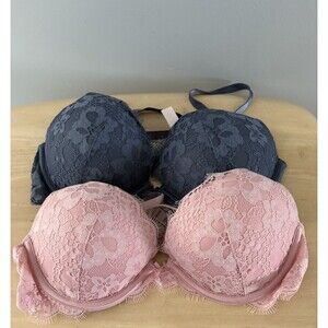 2 Victorias Secret Dream Angels Push Up Bras Pink and Blue Lace 32C
